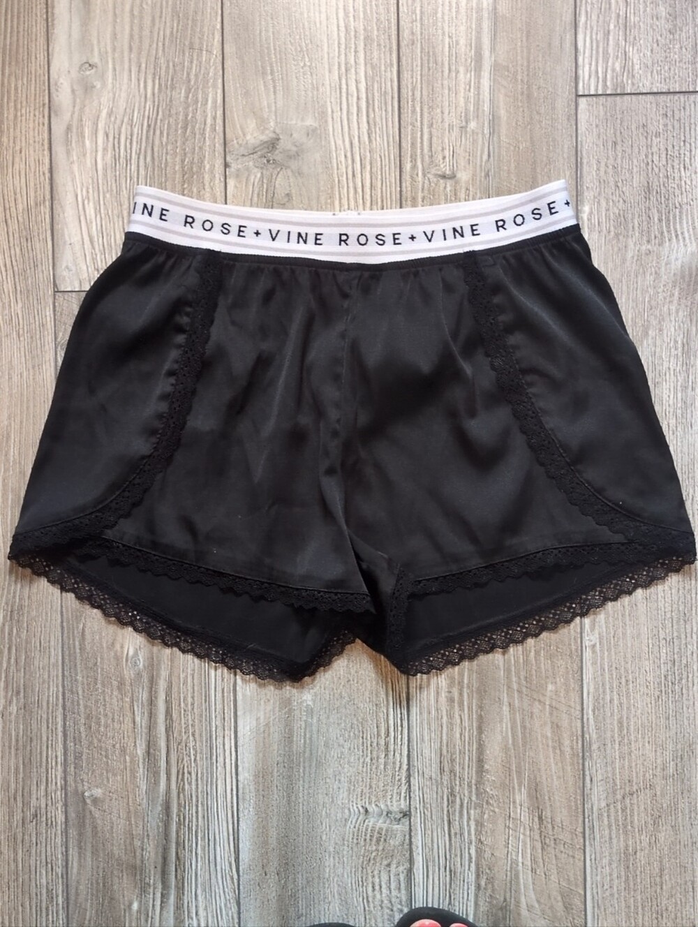 5/$25 Rose + Vine Black Satin Lace Trim Sleep Shorts XS